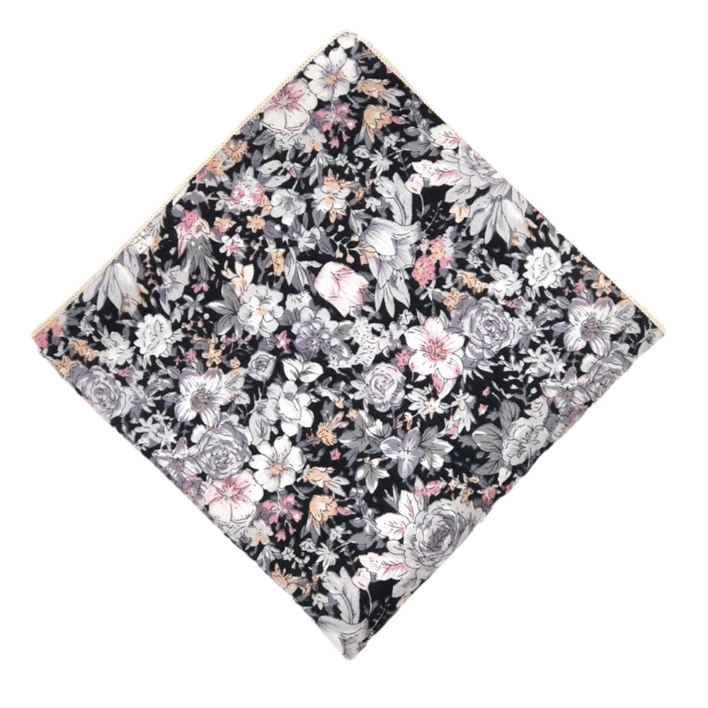 Black Retro Style Floral Pocket Square Handkerchief